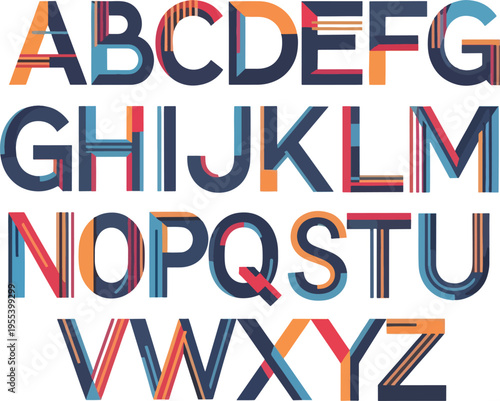 A stylized multicolored 3Deffect alphabet in uppercase letters