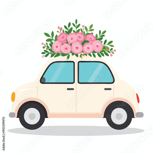 A cream car decorated with a bouquet of pink flowers on its roof drives through a sunny outdoor event