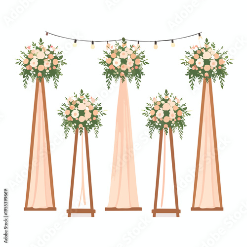 A festive wedding archway setup with flowers and drapes under string lights