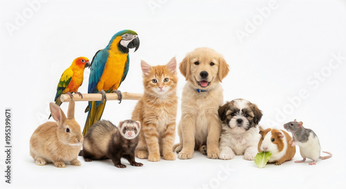 Group of various domestic pets including puppies kitten parrots rabbit ferret and rodents on white background