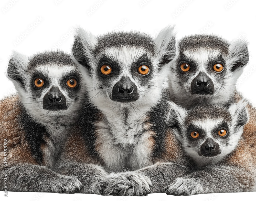 Obraz premium Four ring-tailed lemurs posing for a family portrait, looking into the camera on a white background.
