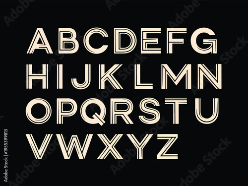 An Art Decostyle light beige doublelined alphabet set against a black background
