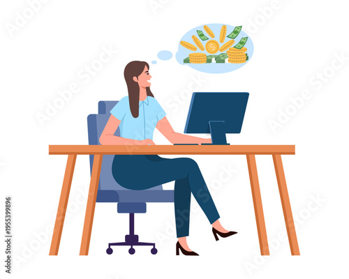 woman thinking about saving money for future concept of financial planning vector illustration