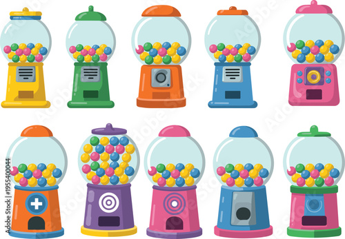 Colorful gumball machine collection with candy dispensers, retro vending toys, sweet treats vector illustration set isolated on white background for kids design