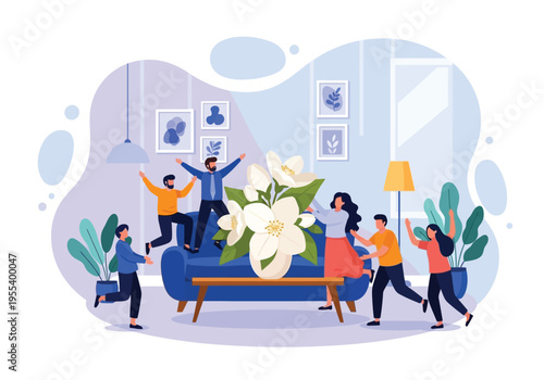 People moving furniture with flowers in a modern living room interior
