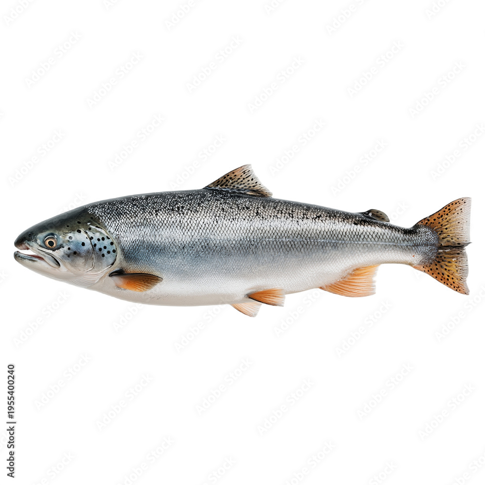 Obraz premium Fresh Raw Whole Salmon Fish Isolated on Transparent Background, Premium Atlantic Trout Side View, High Quality Seafood Concept for Restaurant Menu and Healthy Nutrition Design