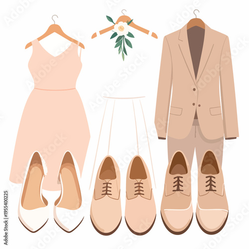 Fashion illustration showcases a wedding dress, suit, and accessories on hangers and laid out.