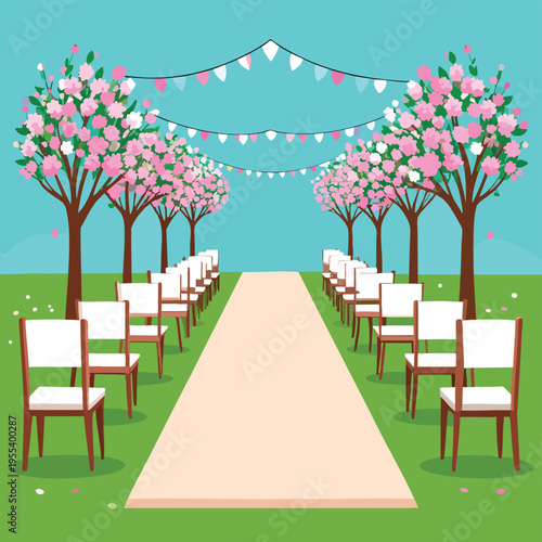 A serene outdoor wedding ceremony takes place under blooming trees and festive bunting in a lush green field with a walkway leading to empty chairs.