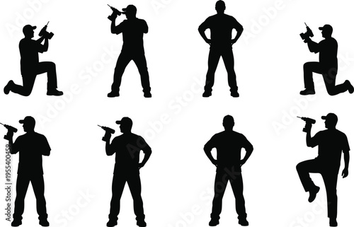 Construction worker silhouettes set with drill machine, builder poses standing, kneeling and working, handyman contractor vector collection isolated