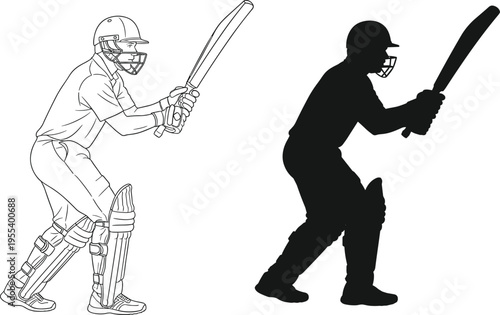 Cricket batsman illustration set with outline and silhouette styles, player batting pose with helmet and bat, sports vector isolated on white background