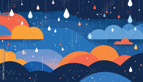 Vibrant orange and blue clouds with raindrops fall gently in the evening sky