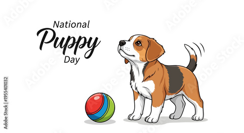 Illustration of a cute beagle puppy playing with a colorful ball on National Puppy Day, with a joyful and lively mood.