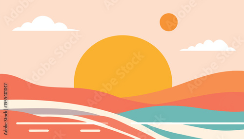 Sunset scene with a road cutting through orange hills and a large sun