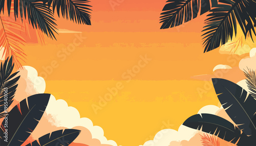 Tropical sunset scene with palm trees and clouds on a serene beach