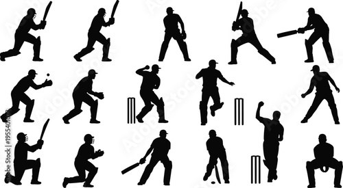Cricket player silhouette set featuring batsman bowler wicketkeeper fielding poses isolated collection for sports design logos posters team graphics vector style