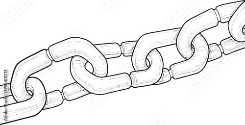 Detailed sketch of a strong metal chain with interlocking links, conveying connection, strength, or security, graphic resource, black and white