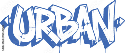 Bold blue graffiti style text spelling 'urban' with a spray paint effect and drips, representing city life, street culture, or modern style