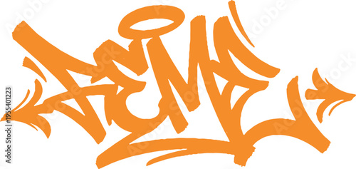 Orange graffiti style word 'acme' with stylistic flourishes and a dripping effect, representing brand, company, or achievement, spray paint