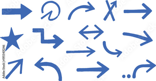Set of blue hand-drawn arrows, pointers and shapes on a white background, indicating direction or choice, design elements