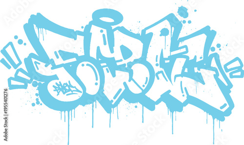 Abstract blue graffiti text element with spray paint drips and splashes, representing urban art, street style, and creative expression, hip hop