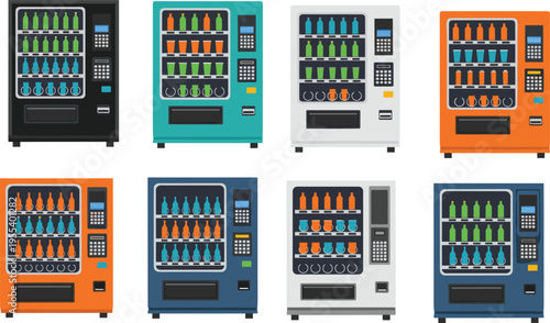 Drink vending machine vector set with colorful beverage dispensers, soda and water bottles automatic retail machines isolated illustration collection