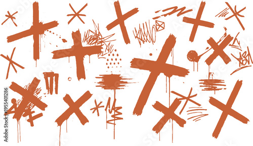 Collection of orange cross shapes and scribbles with a distressed, dripping effect, suitable for artistic accents or urban design elements, urban art