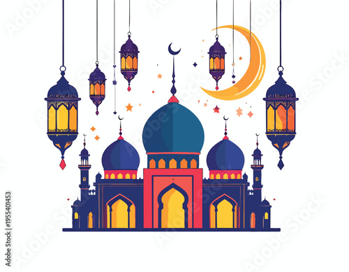 A serene nighttime scene of a decorated mosque with hanging lanterns and a crescent moon.