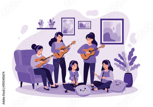 Family playing musical instruments together at home with children