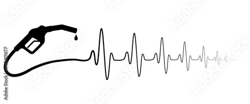 A fuel nozzle connected to a fading heartbeat line, symbolizing global oil shortage, energy crisis, and fuel depletion