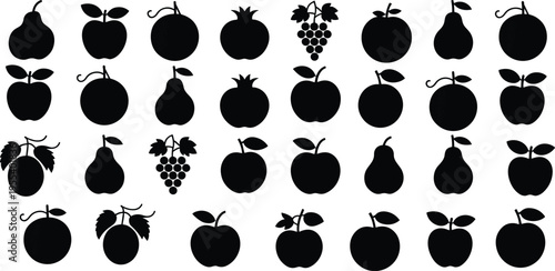 Fruit silhouette icons set including apple, pear, grape, pomegranate and citrus isolated collection for healthy food, organic farming and nutrition design