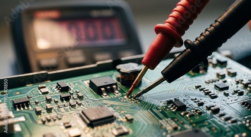 Close-up of Multimeter Probes Testing Electronic Circuit Board in Power Inverter
