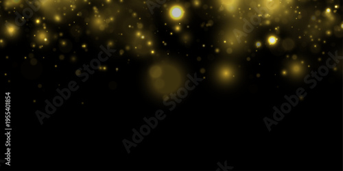 Yellow sparkling dust glows in night darkness, blending shimmer, sparkle, glitter bokeh. Twinkle particle, stardust highlights flare while sparks, glare, lens flare magical festive vector illustration