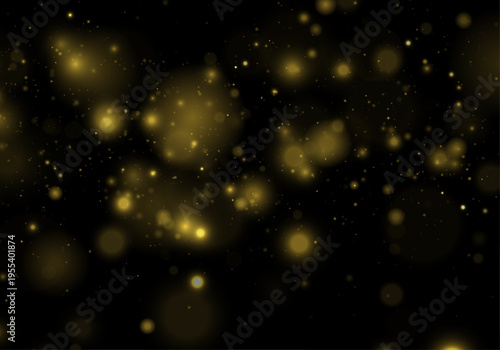 Golden glitter dust glows in night light, blending sparkle, shimmer, twinkle bokeh. Sparks, stardust, highlights, flare, lens flare, glare enhance magical festive light, vector illustration.