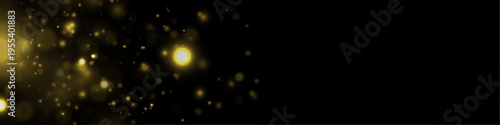 Golden dust sparkle in soft night light on black background, shimmer, twinkle, glitter bokeh. Particle stardust highlights flare while sparks, glare, lens flare magical festive vector illustration.