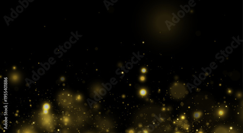 Yellow dust sparkles in night darkness over dark background, glitter, sparkle across bokeh. Twinkle particle, stardust highlights flare sparks, glare, lens flare magical festive vector illustration.