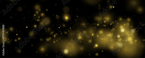 Yellow sparkling dust glows in night darkness, blending shimmer, sparkle, glitter bokeh. Twinkle particle, stardust highlights flare while sparks, glare, lens flare magical festive vector illustration