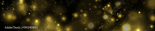 Yellow sparkling dust glows in night darkness, blending shimmer, sparkle, glitter bokeh. Twinkle particle, stardust highlights flare while sparks, glare, lens flare magical festive vector illustration