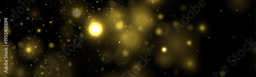 Yellow dust shimmers in dark night light, sparkle, glitter, shimmer glowing bokeh. Twinkle particle, stardust highlights flare. Festive magical sparks with glare, lens flare, vector illustration.