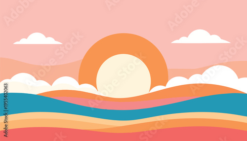 Vibrant sunset occurs over rolling hills with fluffy clouds floating freely.