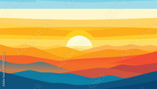 Vibrant sunset scene over mountain ranges with warm orange hues and serene landscape view