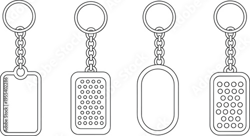 Keychain tag outline vector set with metal key ring and blank key holder templates for engraving, branding and accessory design