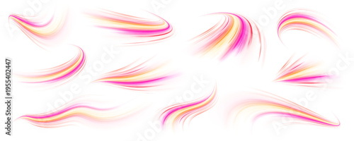 Neon laser speed lines swirl along city road, highway trail. Violet light wave builds motion energy traffic, futuristic glowing orange, purple tail on white background. Vector illustration png.
