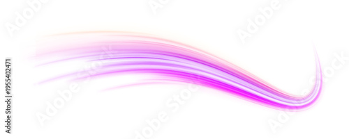 Neon laser purple and violet lines swirl through city road, highway traffic. Light motion wave creates futuristic energy speed, glowing blue tail on white background. Vector illustration png.