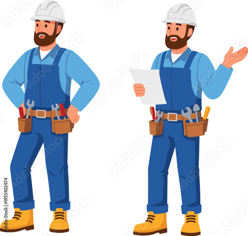 Male construction worker character set wearing safety helmet and tool belt holding document for building site inspection and maintenance vector illustration