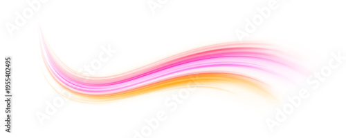 Neon laser speed lines swirl along city road, highway trail. Violet light wave builds motion energy traffic, futuristic glowing orange, purple tail on white background. Vector illustration png.