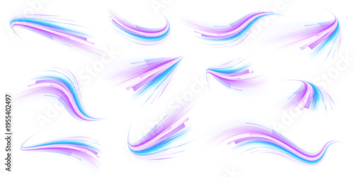 Neon laser purple and violet lines swirl through city road, highway trail. Light motion wave futuristic energy speed traffic, glowing blue tail on white background. Vector illustration png.