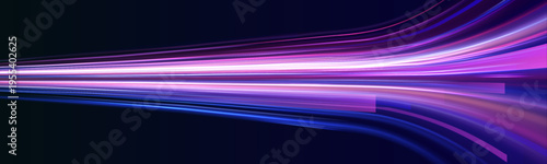 Neon laser blue lines swirl through city road, highway traffic at night. Purple light motion builds futuristic energy speed, while violet glow creates flowing trail in dark space. Vector illustration.