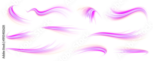 Neon laser purple and violet lines swirl through city road, highway trail. Light motion wave futuristic energy speed traffic, glowing blue tail on white background. Vector illustration png.