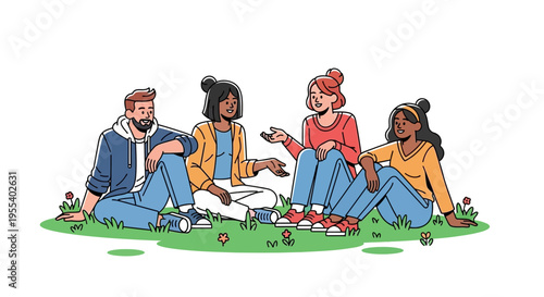 Diverse group of young friends sitting on grass, talking and laughing, enjoying outdoor conversation.