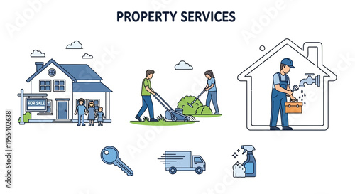 Property Services: House, Gardening, Plumbing, Moving, Cleaning Icons